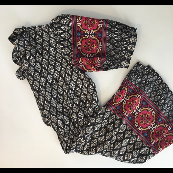 Yumi Black White Ikat Dress Border Print Tie Neck - Picture 2 of 16